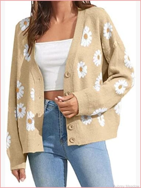 Sweaters - Womens Floral Cardigan Long Sleeve V Neck Open Front Chunky Knit Oversized